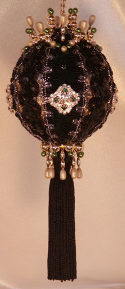 Victorian Christmas Ornament with black sequin brocade, hunter green velvet, crystal rhinestone and Emeral Swarovski Crystals